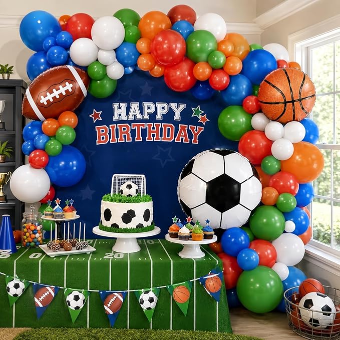 Soccer Balloons, 12 Inch Green Orange Blue Red White Latex Balloons with Soccer Ball Basketball Foil Balloon for Boys Kids Sport Theme Birthday Decorations Football Lover Men Party Baby Shower Decor