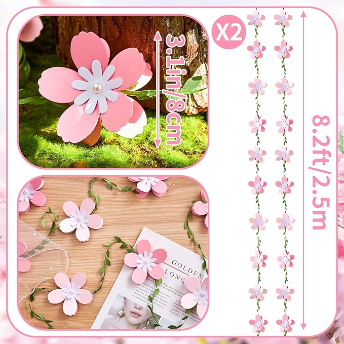 2PCS Cherry Blossom Flower Garland, Paper Cherry Flower Vines, Pink Flowers Garland for Home Wedding Garden Party Arch Office Decor