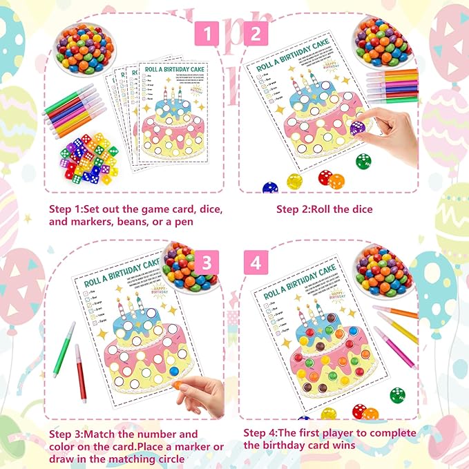 Auch Roll a Birthday Cake Dice Game Set, 30 Transparent Color Dice & 25 Game Sheets, Fun Birthday Party Activity, Icebreaker, Group Game for Birthday Celebrations, Family Gathering Party Supplies