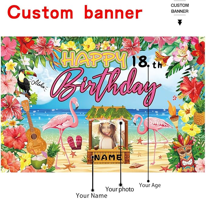 Custom Happy Birthday Banner Flamingo Themed Party Decoration Backdrop Party Supplies Tropical Floral Photo Booth Hawaiian Themed Party Decoration for Luau Beach (4x6ft)