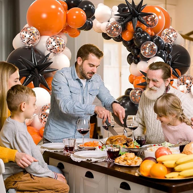 161pcs Black White Orange Balloons Arch Kit,Black Orange With 3pcs Starburst Foil Balloons for Birthday Graduation Halloween Thanksgiving Day Party Decorations