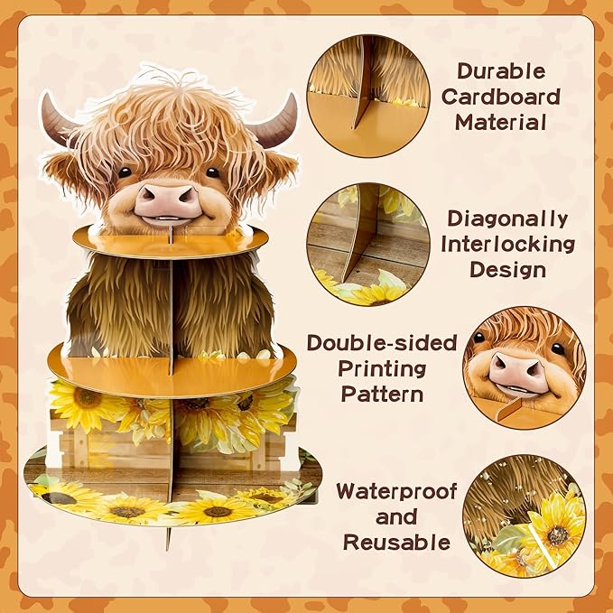 3 Tiers Highland Cow Cupcake Stand Baby Highland Cow Birthday Party Cardboard Cupcake Holder Decorations Sunflower Party Dessert Tower Animals Party Supplies for Kids Highland Cow Themed Baby Shower