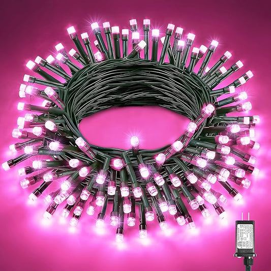 Pink Christmas String Lights, 40FT 120 LED Christmas Lights Outdoor Waterproof, 8 Modes Connectable Fairy Twinkle Lights for Outside House Garden Patio Party Holiday Decorations