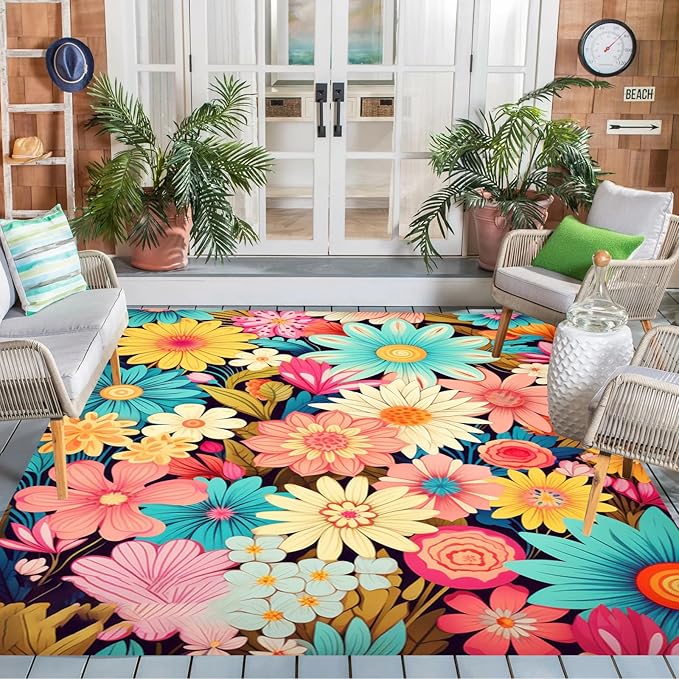 Large Floral Outdoor Rug for Patio Balcony Deck Camping Poolside Garden Machine Washable Waterproof Porch Backyard Outside Carpet 7x10 Blue Yellow Pink Flower Mat Easy Clean