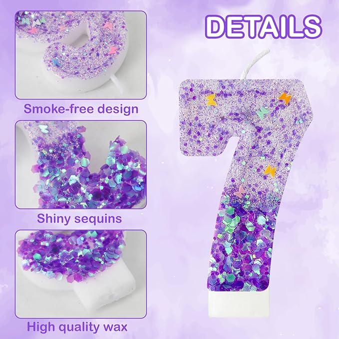 Purple Sequin Birthday Candles, Cake Number Candles, Girls 0th Birthday Decorations, Suitable for Birthday Parties, Anniversary Party Decorations(7)