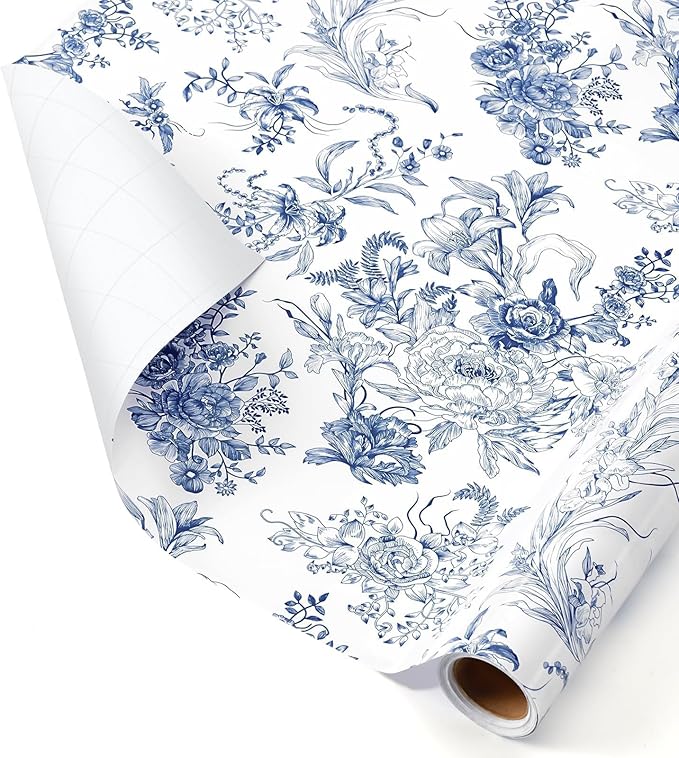 WERNNSAI Flower Gift Wrapping Paper Roll - 1 Roll 17”x 33 ft Bouquet Wrapping Paper Wedding Blue Gift Wrap for Women Adults Birthday Party Festival Holiday Art Supplies