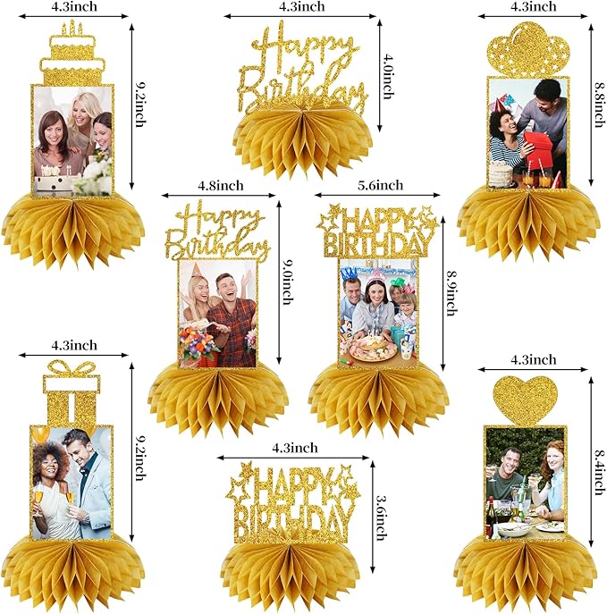 Eucutur 8Pcs Honeycomb Birthday Decorations - Gold Glitter Centerpieces for Women & Men, Happy Birthday Photo Table Toppers, 16th-60th Bday