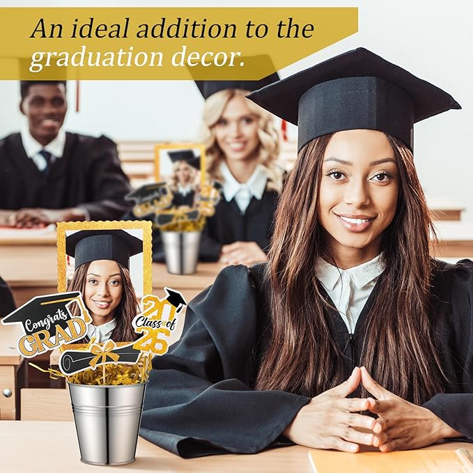 Foilswirl 6 Set 2026 Graduation Table Centerpieces Photo Table Toppers with Small Galvanized Buckets and Shredded Paper Filler for Class of 2026 Graduation Party Decoration(Yellow)