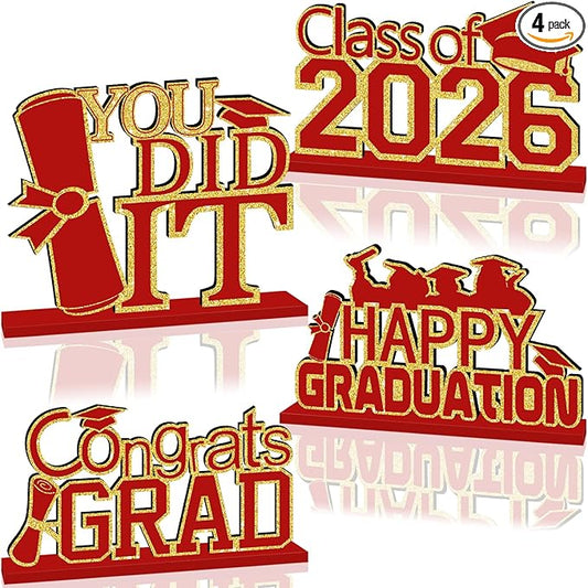 4Pcs Red and Gold Graduation Decorations Class of 2026 Congrats Grad Wooden Table Centerpieces Grad Table Toppers Congratulate Tiered Tray Decor for 2026 Graduation Decorations
