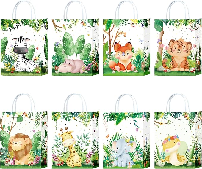 W WINTMING Paper Gift Bags for Birthday 16Pcs Safari Animals Party Favor Bags with Handles Woodland Print Paper Candy Bags Goodie Bags for Wrapping Gifts Jungle Theme Party Supplies