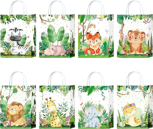 W WINTMING Paper Gift Bags for Birthday 16Pcs Safari Animals Party Favor Bags with Handles Woodland Print Paper Candy Bags Goodie Bags for Wrapping Gifts Jungle Theme Party Supplies