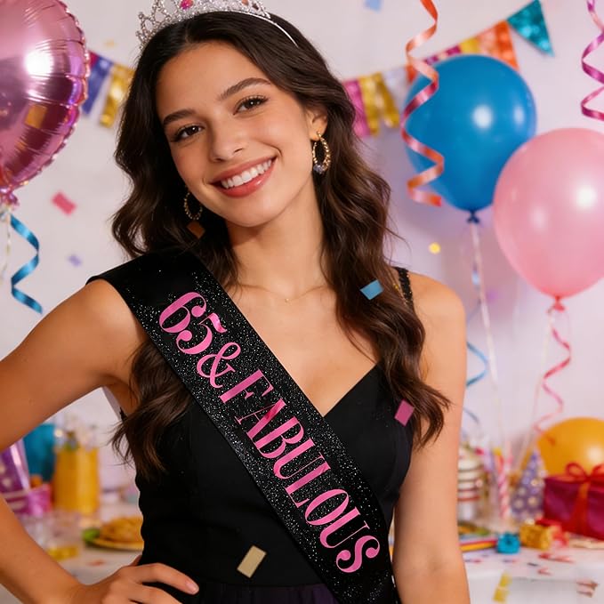 65 & Fabulous Sash, Funny 65th Birthday Sash for Women 65th Bday Party Photo Prop Favors Suppiles, Pink Foil Letter, Glitter Black