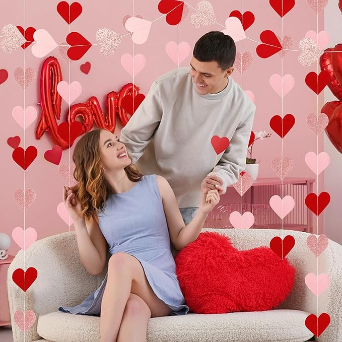 40 Feet Red & Pink Heart Garland Glitter Heart Banner Garland Decoration, Ceiling Hanging for Wedding Bridal Shower Hanging Decoration Streamers