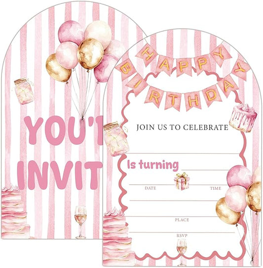 Pink Happy Birthday Party Invitations, Balloon Cake Birthday Invitations for Girls Boys, 20 Fill-in Style Party Invitations Cards with Envelopes, Party Decorations Supplies (arch)