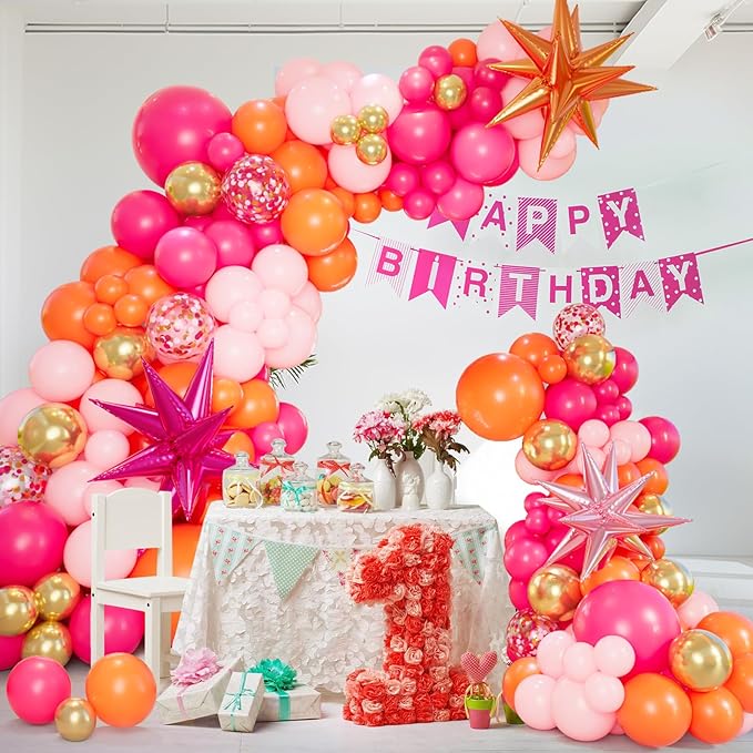 Pink and Orange Balloon Arch Kit with Hot Pink Orange Metallic Gold Latex Balloons Garland kit 18 12 10 5Inch Different Size Balloons for Birthday Baby Shower Wedding Summer Party Decorations