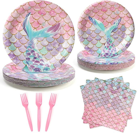 96Pcs Party Plates, Mermaid Theme Birthday Paper Plates and Napkins Party Supplies, Mermaid Disposable Tableware Sets for Birthday Baby Shower, Serve for 24 Guests, Pink and Purple