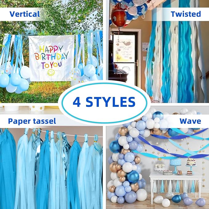 PIGETALE Crepe Paper Streamers 4 Rolls 328ft, Pack of White, Silver, Royal Blue, Light Blue Party Streamers for Birthday Wedding Ceremony Party Baby Bridal Shower Decorations (1.8Inch x 82Ft/Roll)