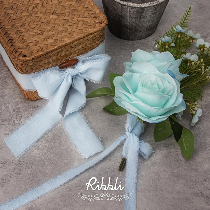 Ribbli 3 Rolls Light Blue Ribbon 1.5 Inch x 18Yards Handmade Cotton Frayed Fringe Ribbons for Gift Wrapping Wedding Invites Bridal Bouquets Baby Shower DIY Crafts Home Decor