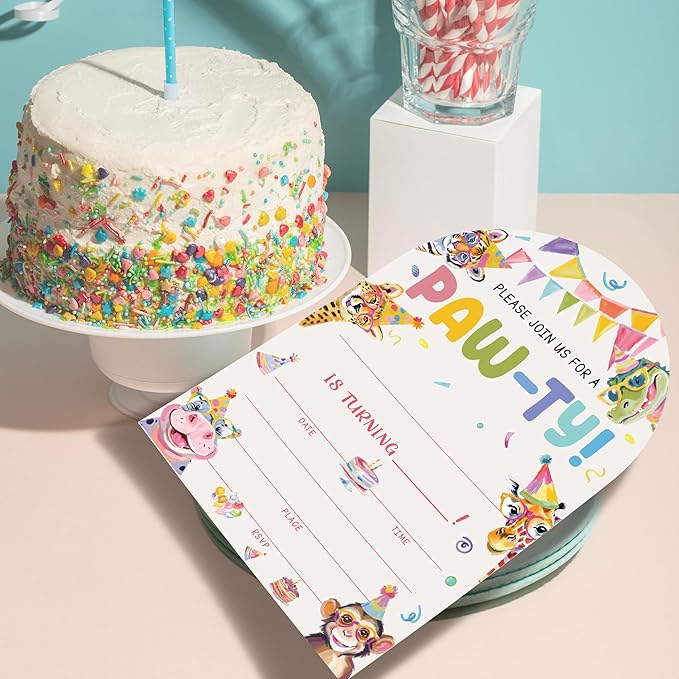 Jungle Animals Birthday Party Invitations, Animals Paw-Ty Invitations with Envelopes, 20 Fill-In Birthday Party invites for Boy Girl, Party Decorations Supplies (arch)