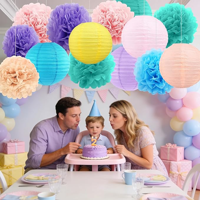 BEISHIDA Macaron Tissue Hanging Paper Flowers Lanterns Party Decorations Set for Birthday Graduation Baby Shower Bridal Bachelorette Wedding Photo Booth Backdrops Party Supplies(18 Packs)