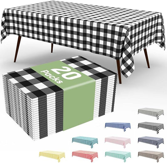 Smiry 20 Pack Black Gingham Disposable Tablecloths - 54" x 108" Heavy Duty Plastic Table Cloth, Waterproof Buffalo Plaid Table Covers for Picnic, Banquets, Outdoor Parties