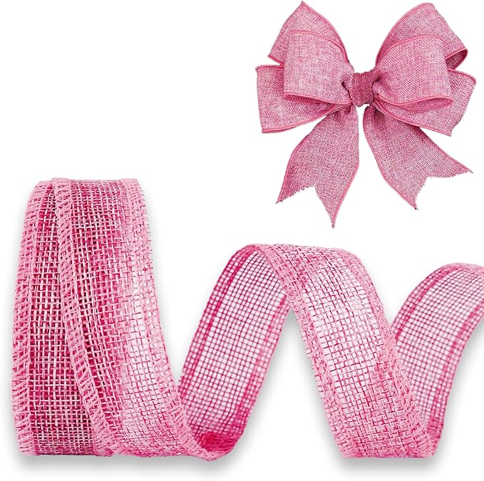 Pink Burlap Ribbon 1 inch x 10 Yard Natural Linen Woven Wired Ribbons DIY Handmade Edging Production Wreath Holiday Decoration Gift Ribbon for Gift Wrapping Pink Ribbons