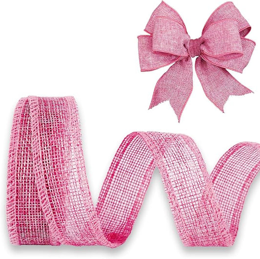 Pink Burlap Ribbon 1 inch x 10 Yard Natural Linen Woven Wired Ribbons DIY Handmade Edging Production Wreath Holiday Decoration Gift Ribbon for Gift Wrapping Pink Ribbons
