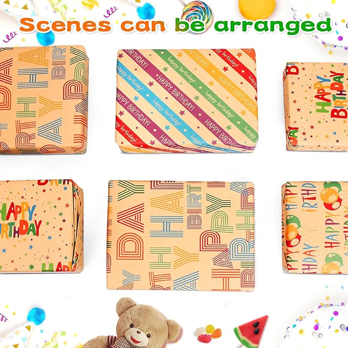 BWLOIES Wrapping Paper Birthday Gift Wrapping Paper Sheets Set, Kraft Birthday Gift Wrap Set,Balloon Star Happy Birhtday Paper with Tags String,Bday Present Wrap for Boy Girl Women Men