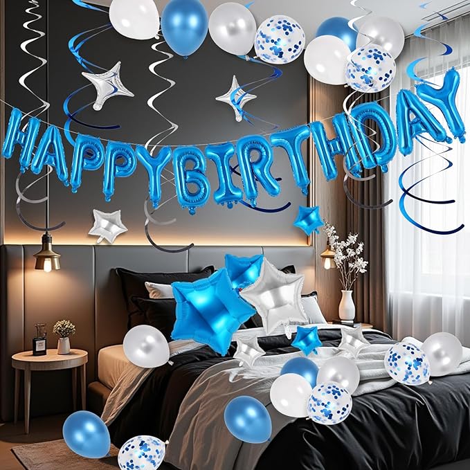 55 Pcs Happy Birthday Balloons Letters Banner with 35 Pcs Star Foil Balloon, 20 Pcs Latex Balloons, 6 Hanging Swirls for Women Men Boys Girls Birthday Party Decorations Set ﻿ (Blue)