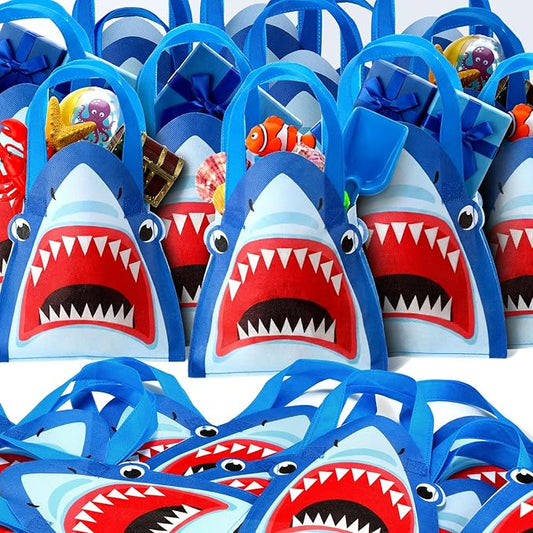 SilTriangle 24 Pcs Shark Non-woven Bag Gift Shark Shaped Party Favors with Handles Tote Treat Goodie Candy Bags for Sea Theme Party Reusable Supplies
