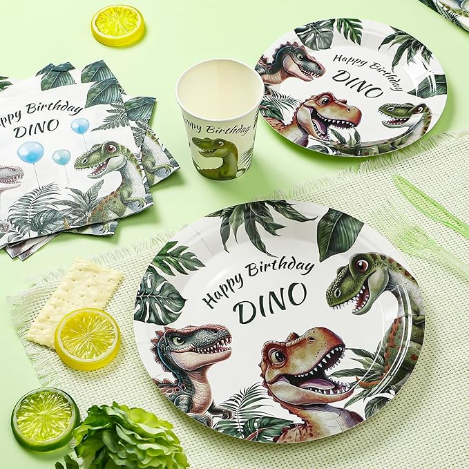 144Pcs Dinosaur Birthday Party Supplies Decorations Dino Themed Paper Plates Napkins Vintage Dinosaur Party Tableware Disposable Dinnerware for Boy Kids Birthday Baby Shower Table Decor, Serve 24