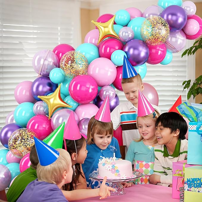 HILAVO Pink Purple Blue Balloon Arch Kit Teal Hot Pink Metallic Purple Party Latex Balloon Garland with Confetti and Star Foil Balloons for Girls Princess Birthday Baby Shower Neon Party Decorations