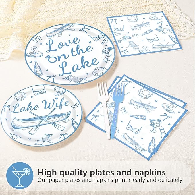 96Pcs Love on The Lake Decor Blue Engagement Party Plates and Napkins Disposable Love on the Lake Themed Tableware for Girls Bridal Shower Bach Engagement Wedding Bachelorette Party Supplies Serves 24