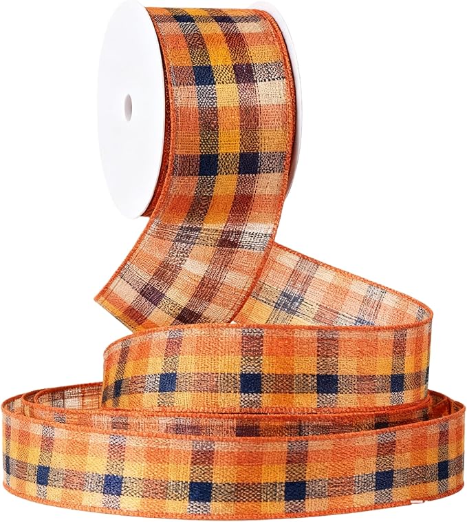 Meseey 1.5 Inch x 10 Yards Orange Plaid Wired Ribbon, Fall Buffalo Plaid Burlap Wired Edge Ribbons for Wreaths, Bows, Gift Wrapping, Thanksgiving & Halloween Decorations(Burgundy/Blue)