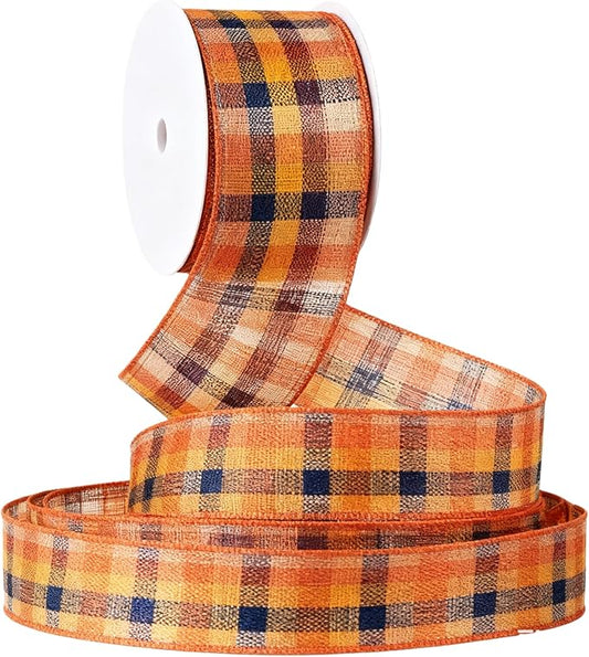 Meseey 1.5 Inch x 10 Yards Orange Plaid Wired Ribbon, Fall Buffalo Plaid Burlap Wired Edge Ribbons for Wreaths, Bows, Gift Wrapping, Thanksgiving & Halloween Decorations(Burgundy/Blue)