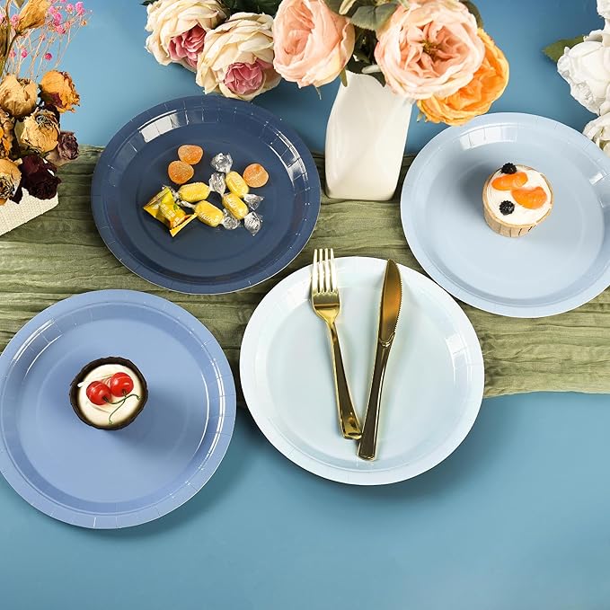 AimFun Dusty Blue Paper Plates Gradient Blue Party Plates 7?�Disposable Round Dessert Plates for Birthday Wedding Bridal Engagement Baby Shower Party Supplies 4 Colors (48)