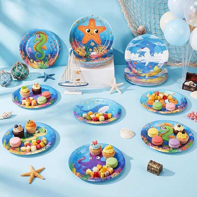 80 Pcs Under The Sea Party Decorations Ocean Birthday Paper Plates 7'' Underwater Creature Disposable Dessert Plate Dinnerware for Sea Life Animal Picnic Wedding Bridal Shower Tea Party Favor