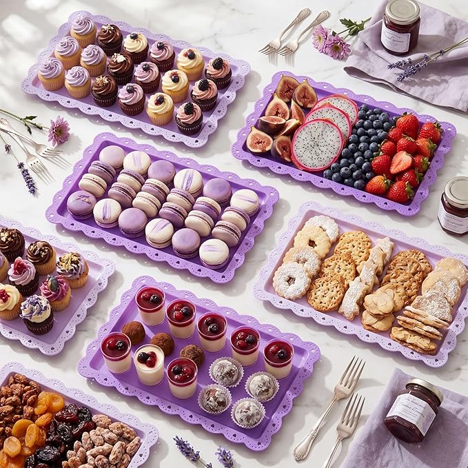 6 Pcs Purple Serving Trays Plastic Platters Dessert Cupcake Holder Party Supplies 14.4 x 9.3 Inches Rectangular Cookie Snack Display Tray for Wedding Restaurant
