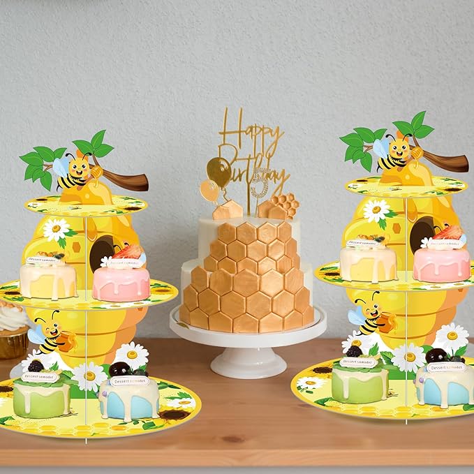 Zopeal 3 Tier Bee Cupcake Stand Party Decorations Sunflower Cupcake Holder Bee Day Themed Cake Holder Stand Yellow Round Summer Dessert Tower for Kids Birthday Baby Shower Party Supplies