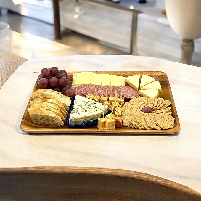 Acacia Wood Dinner Serving Tray Set of 2 – Size: Lg 14" x 10", Med 12" x 8", Richly Grained, Decorative Coffee Table, Ottoman, Food, Drink, Breakfast, Appetizer, Candle Display Trays, Joint-Free