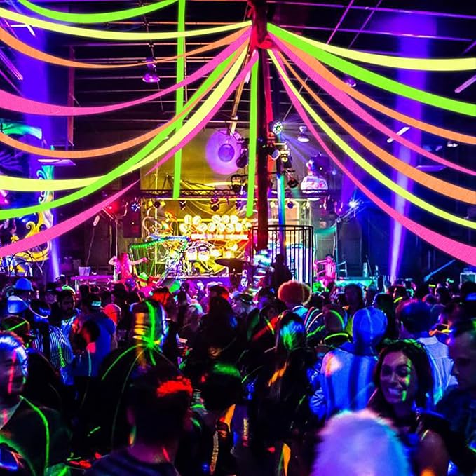 8 Rolls Neon Glow Crepe Paper Streamers Glow in Dark Party Supplies Pink Green Orange Yellow Colorful Paper Streamers for Birthday Neon Disco Glow Party （Total 656ft, 1.8Inch x 82Ft/Roll）