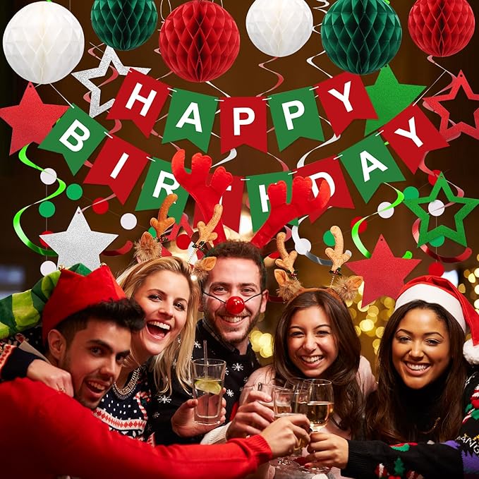 meowtastic Birthday Decorations, Happy Birthday Banner with Honeycomb Balls, Stars Hanging Swirl Streamers, Circle Dots Garland, Happy Birthday Party Decorations for Women Men Boys Girls (Red & Green)