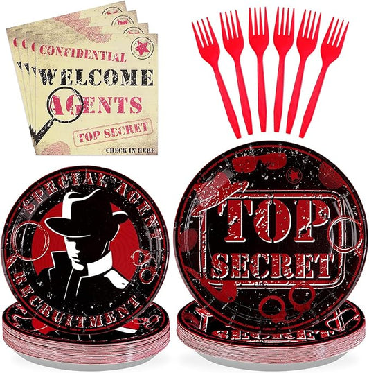 96 Pcs Top Secret Party Supplies 350 GSM Disposable Secret Agent Spy Detective Plates Napkins Forks Tableware Set Spy Party Decorations for Boys Kids Birthday Party Escape Room Party Favors Serves 24