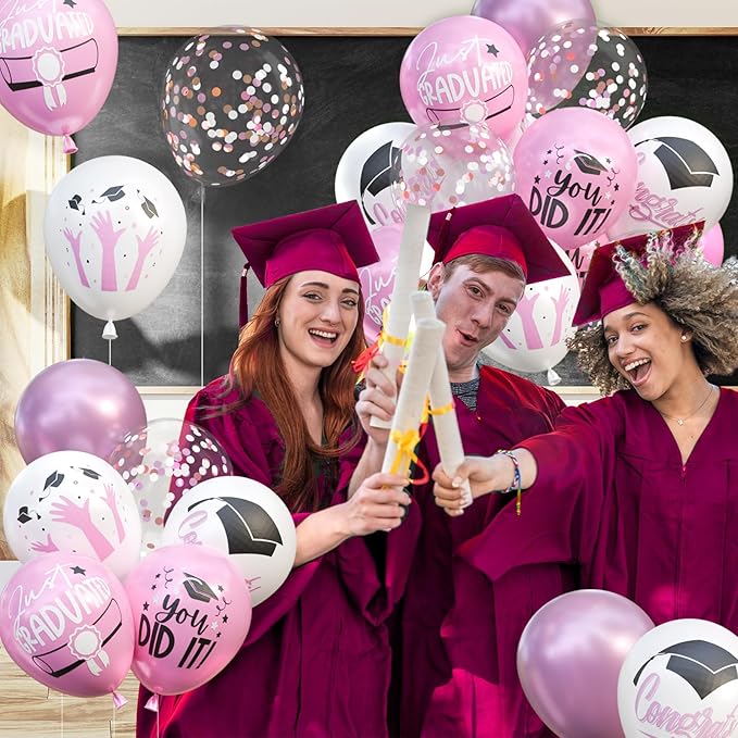 2026 Graduation Party Decorations, 68pcs Light Pink White Metallic Pink Graduation Balloons Black White Pink Confetti Balloons for College High School Class of 2026 Congrats Grad Party Decor