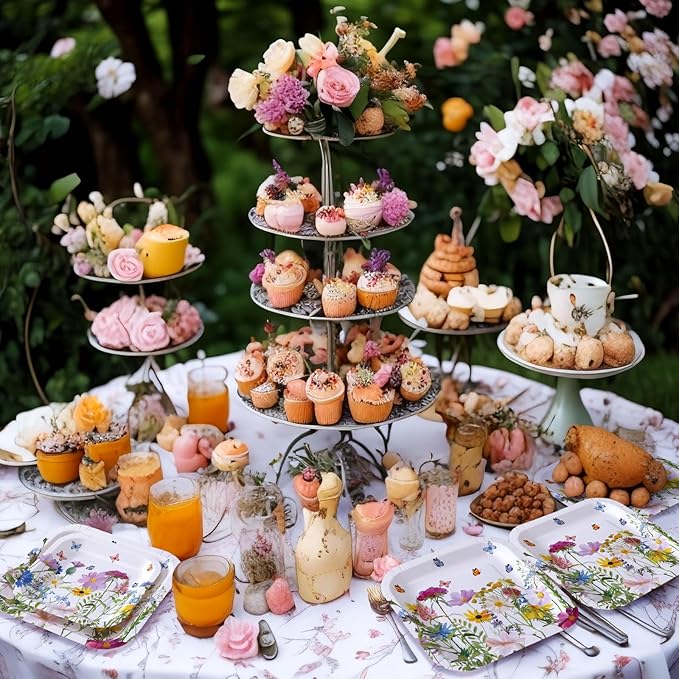 Umigy 100 Pcs Paper Plates Flower Dinner 9'' Floral Disposable Paper Plates 7'' Square Dessert Set for Dinner Birthday Wedding Baby Shower Party Tableware(Sweet Color,Wildflower)
