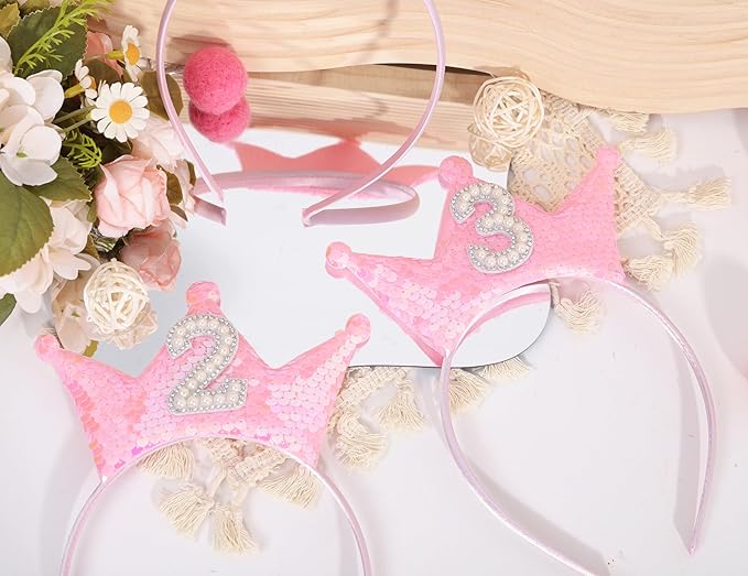 One Pc Pink 3rd Birthday Crown Headband - Pink Glitter Third Birthday Party Hair Accessories, Pearl Birthday Crown Headband