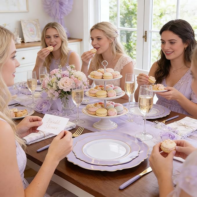 WDF 60pcs Purple Plates Disposable with Gold Rim - Baroque Light Purple Plastic Plates - Lavender Plates for Spring/Wedding/Birthday