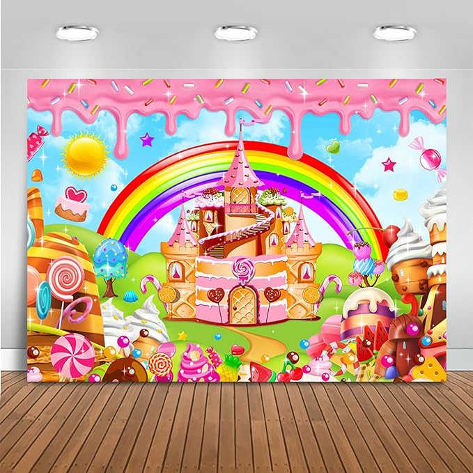 Mocsicka Candyland Backdrop Sweet Cartoon Rainbow for Girls Baby Shower Birthday Candyland Party Decorations Donut Candy Castle Ice Cream 1st Birthday Photography Background(Rainbow, 10x7ft(120"x82"))