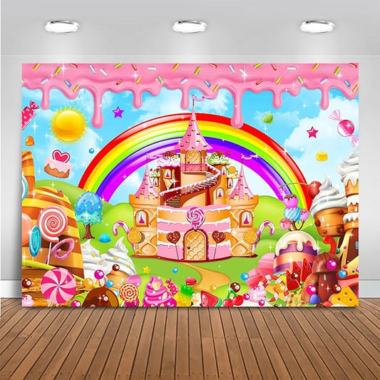 Mocsicka Candyland Backdrop Sweet Cartoon Rainbow for Girls Baby Shower Birthday Candyland Party Decorations Donut Candy Castle Ice Cream 1st Birthday Photography Background(Rainbow, 10x7ft(120"x82"))