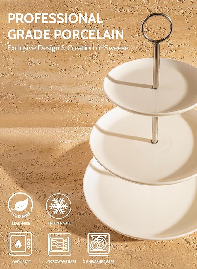 Sweese 3 Tier Cupcake Stand- White Porcelain Cake Stand- Dessert Stand, Tiered Serving Trays for Parties
